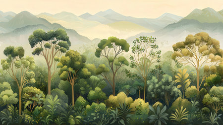 Illustration of a forest landscape with trees and mountains in the backgroundの素材