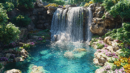 Beautiful waterfall in the garden, close-up. Summer landscape.の素材