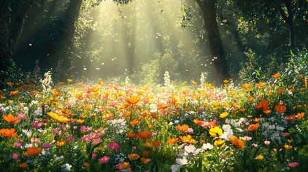 Beautiful spring garden with tulips and daisies. Sun rays through the trees.の素材