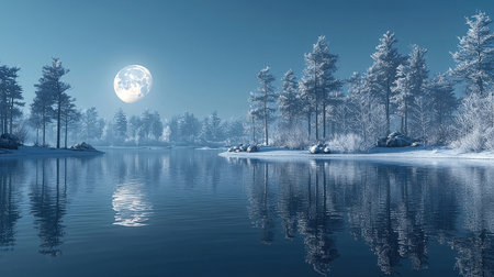 Frozen forest lake at night in full moon light. 3D illustrationの素材