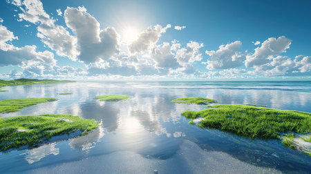 Beautiful seascape with green grass and blue sky with cloudsの素材