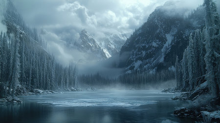 Foggy morning in the mountains. Mountain lake in winter.の素材