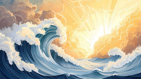 Seascape with ocean waves and sun. Vector illustration for your designの素材