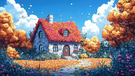 Autumn landscape with a beautiful house in the style of a fairy tale.の素材