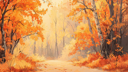 Autumn forest with a path in the fog. Vector illustration.の素材