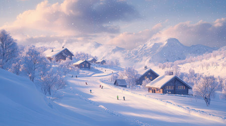 Beautiful winter landscape in the mountains. Snowy alpine village.の素材