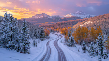 Snowy road in the mountains at sunset. Beautiful winter landscape.の素材