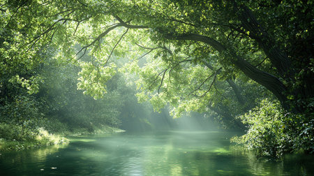 beautiful summer landscape with river and green trees in the morning mistの素材