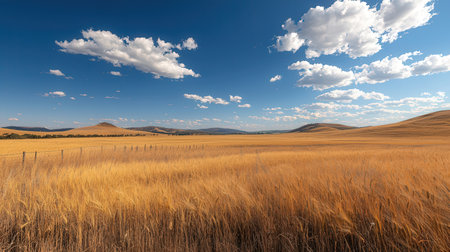 Wheat field under blue sky with white clouds. Beautiful landscape.の素材