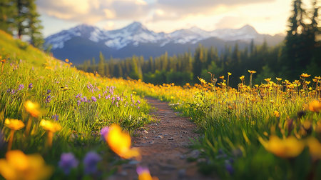 Sunset in alpine meadow with blooming crocusesの素材