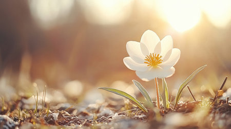 Beautiful white crocus flower in the rays of the setting sunの素材