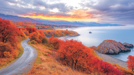Autumn landscape with a road in the mountains. Colorful autumn landscape.の素材
