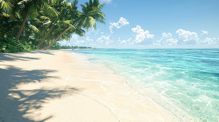Beautiful beach with palm trees and turquoise water. 3d renderの素材