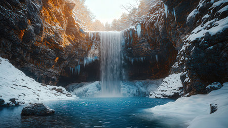 Frozen waterfall in the winter forest. 3d render illustration.の素材