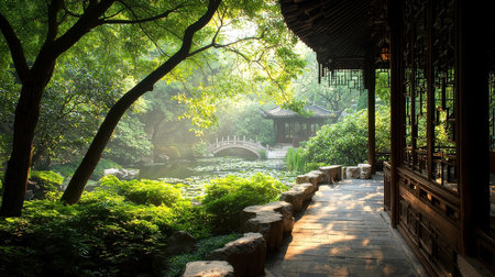 Chinese garden in the morning,Hangzhou,China,Asiaの素材
