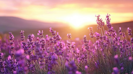 Lavender flowers blooming in the lavender field at sunsetの素材