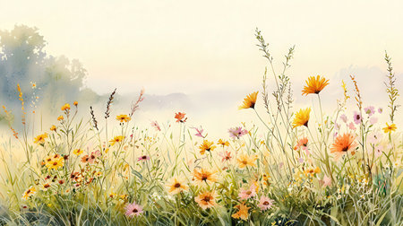 Summer meadow with wildflowers and butterflies. Digital painting.の素材