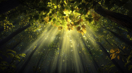 Beautiful autumn forest with sunbeams and lens flare effect.の素材
