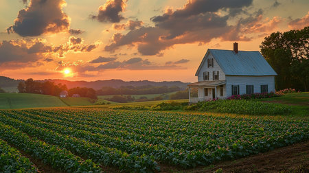 Sunset over a field of sunflowers and a farm houseの素材