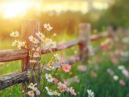 Wildflowers and wooden fence on the field at sunset. Selective focus.の素材