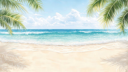 Tropical beach with palm leaves, blue sea and sky backgroundの素材
