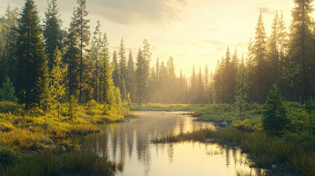 Mountain river in the forest at sunrise. Beautiful summer landscape.の素材