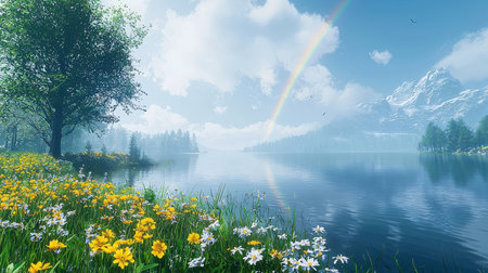 Beautiful spring landscape with a rainbow over the lake and blooming daffodilsの素材
