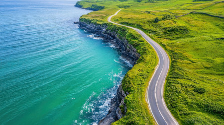 Aerial view of the road leading to the Faroe Islands.の素材