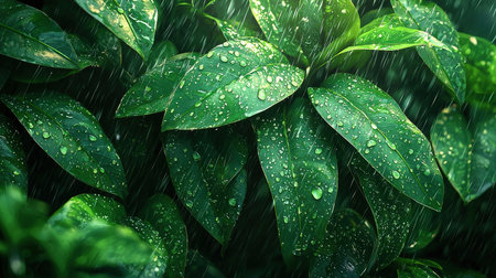 Water drops on green leaves after rain. Rain drops on green leaves.の素材