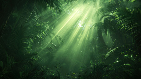 Tropical forest with sunbeams and palm leaves. 3d renderの素材