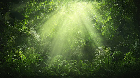 Sunlight in the jungle. Nature background. 3d rendering.の素材