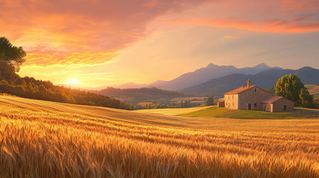Tuscany landscape with old house in the middle of wheat fieldの素材