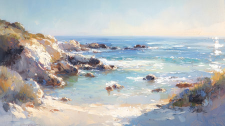 Digital painting of a seascape with rocks in the foreground.の素材