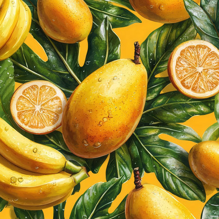 Seamless pattern with tropical fruits and leaves. Vector illustration.の素材