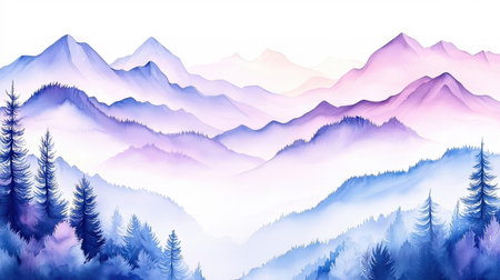 Mountain landscape with pine forest and fog. Digital painting illustration.の素材