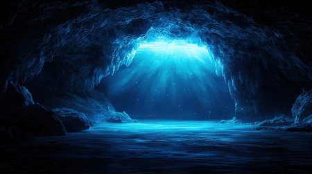 Underwater cave with light rays coming out of it. 3D renderingの素材