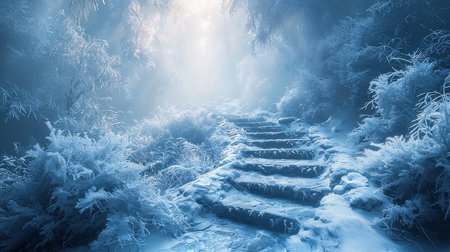 Stairway in the forest in winter. Beautiful winter landscape.の素材