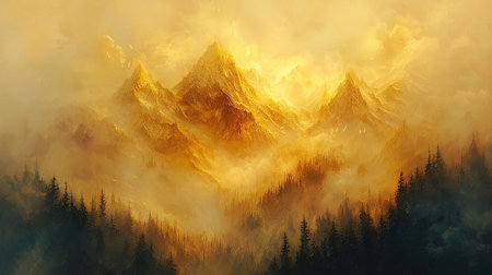 Foggy mountain landscape. 3D illustration. Digital painting.の素材