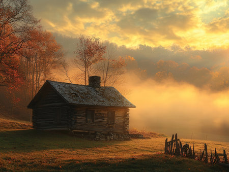 Old log cabin in the misty forest at sunrise, autumn landscapeの素材