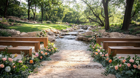 Wooden bench beside the stream in the garden, with beautiful flowers.の素材
