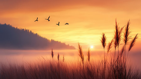 Foggy meadow with reeds and flying birds at sunsetの素材