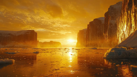 Icelandic landscape with sun setting behind the mountains and iciclesの素材