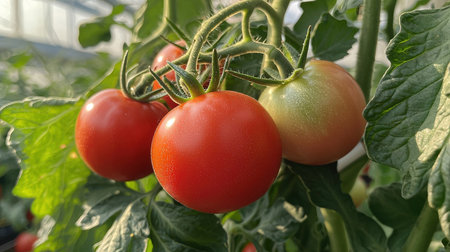 Ripe red tomatoes growing on a branch in a greenhouse. Agriculture conceptの素材