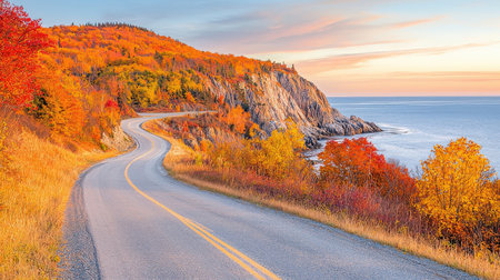 Autumn landscape with road and colorful forest on the shore of Lake Baikal.の素材