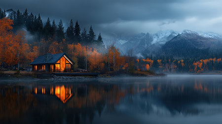Beautiful autumn alpine lake with wooden house in mountains at sunsetの素材