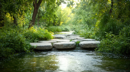 Small stream in the park with stone path and green grass in summerの素材