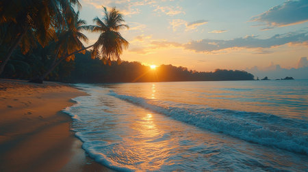 Beautiful sunset on the tropical beach with palm trees and sea wavesの素材