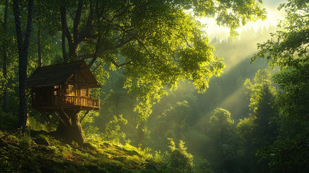 Wooden birdhouse in the forest at sunrise. Fantasy landscape.の素材