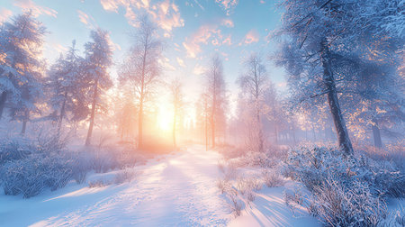 Winter forest at sunset with snow covered trees and path. 3d renderの素材