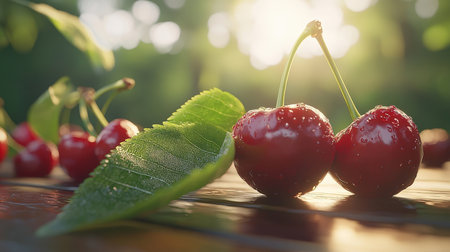 Cherries on a wooden table in the garden. Selective focus.の素材
